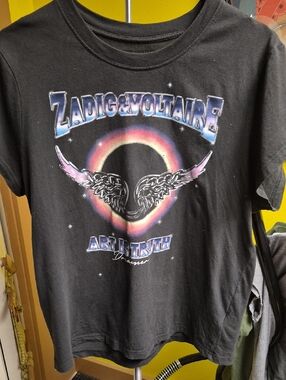 Zadig & Voltaire Black Tee with Rainbow Ring and Wing Graphic